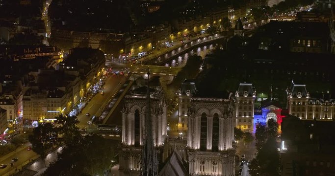 France Paris Aerial v52 Birdseye to panning detail of Notre Dame Cathedral and square 8/18