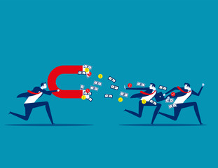 Business holding large magnet and attract money form partnership. Concept business vector illustration, Magnet, Attract, Scam, Flat business cartoon.