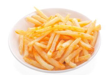 Bowl full of french fries isolated on white