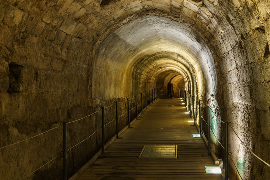 The Templar tunnel in the underground old town of Acco Israel.