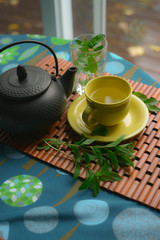 Tea set on wood mat