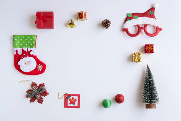 Christmas gifts, ornaments and decorations collection on white background, Flat lay, Top view