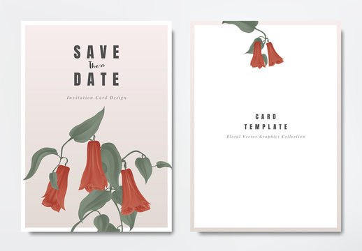 Botanical wedding invitation card template design, red Lapageria rosea flowers with leaves on light pink background, minimalist vintage style