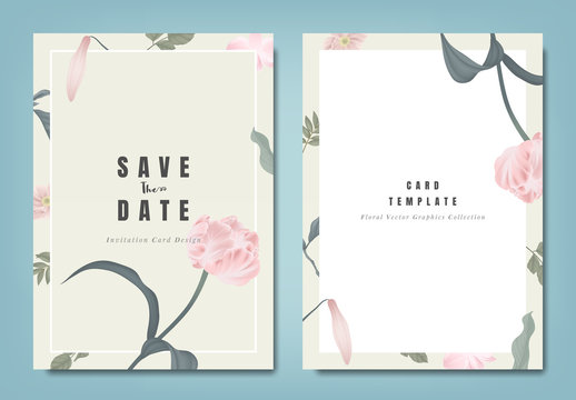 Botanical wedding invitation card template design, pink tulip flowers and leaves on light brown background, minimalist vintage style