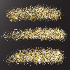 Vector set of golden glitter brush strokes, stains for backdrops. Holiday design elements set. Festive bright horizontal backgrounds.