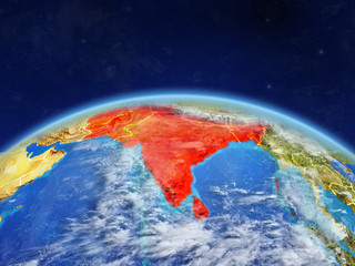 SAARC memeber states on planet Earth with country borders and highly detailed planet surface and clouds.