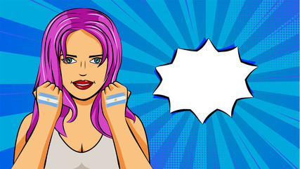European woman paint hands of national flag Argentina in pop art style illustration. Element of sport fan illustration for mobile and web apps