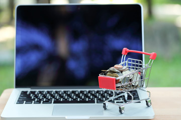 trolley and coins with human hand on computer, idea for shopping and online payment using as business background.