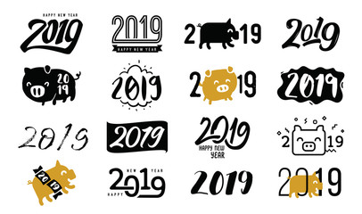 Happy New Year 2019. Typography logo design.