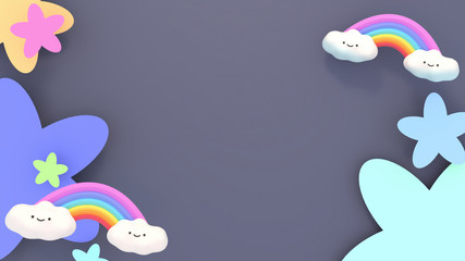 Cute rainbows, clouds and stars frame. 3d rendering picture.