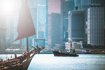 Hong Kong Cityscraper with sun ray