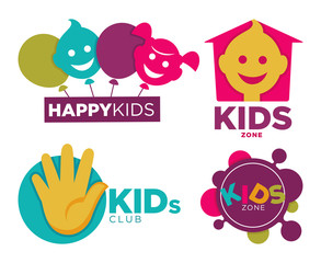 Kids place with entertainments bright promotional emblems set isolated cartoon flat vector illustration on white background