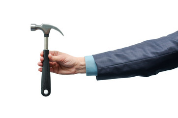 Male hand is holding a hammer isolated on the white background. Build your business.