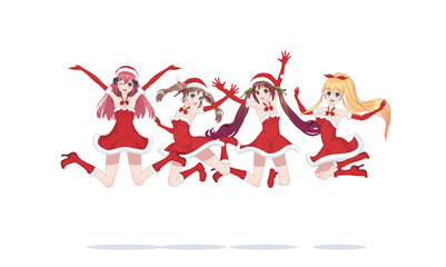 Joyful anime manga girls as Santa Claus in a jump