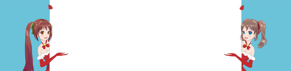 Two anime manga woman looks out from behind poster