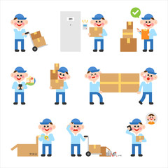 cute delivery man character set. flat design style vector graphic illustration.