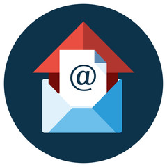 Blue flat icon. Open envelope and message object with red house element and "Email" symbol. Emailing concept white background. Spam and sms writing. Lettering. 