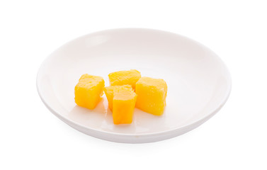 Slice mango fruit on white plate, Thai mango
