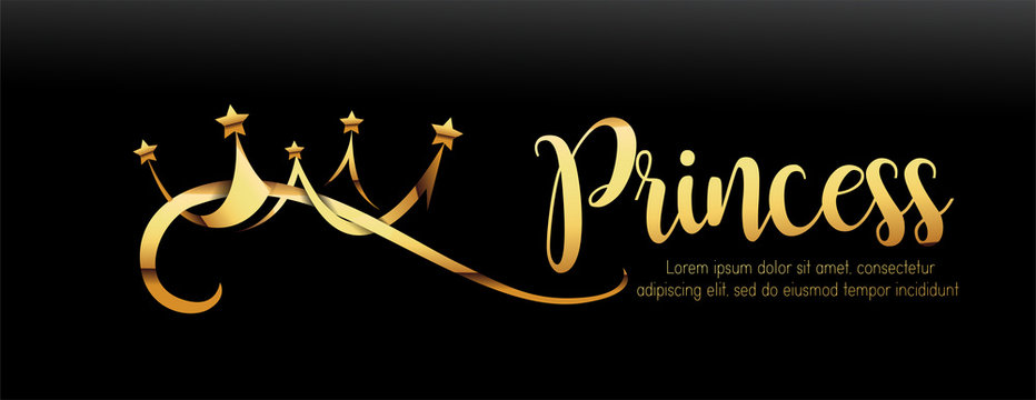 Vector Luxury Sign Gold Crown. Chic Gradient Font. Exclusive princess typo with golden crown on black banner style background.