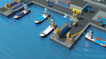 Warehouse port Isometric projection. Ships with containers on the berth at the port, cranes, workers. cars, hangars ashore. For transport