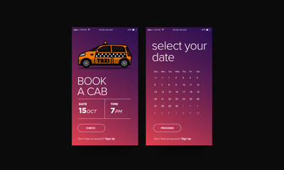 Book A Cab Taxi App UX UI Design for Smart Phones with Small Car Vector Illustration