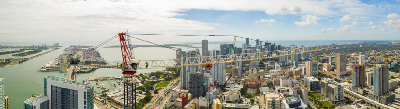 Aerial panorama of an Allegiance construction crane on site Downtown Miami Florida