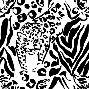 Vector illustration leopard print seamless pattern. Black and white tiger hand drawn background. Vector illustration.