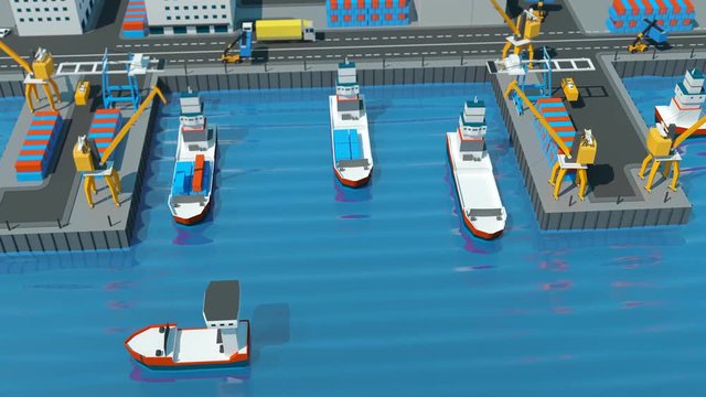 Warehouse port Isometric projection. Ships with containers on the berth at the port, cranes, workers. cars, hangars ashore. For transport
