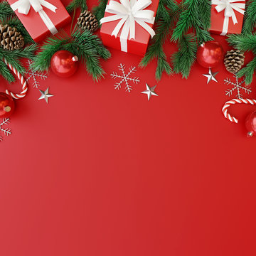 Christmas decorations with gift box on red background. 3d rendering