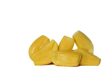 Fresh cut yellow jackfruits are ready to eat isolated on white color background that have space for text.