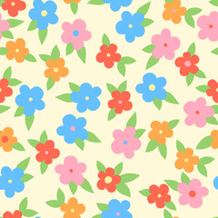 Simple colorful flowers with leaves, seamless pattern, vector