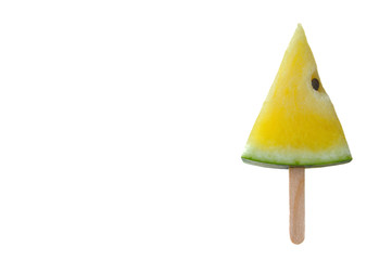 The fresh slice ice cream pattern of yellow watermelon with its seed in top view isolated on white background with space for text.