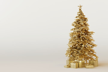 Gold Christmas tree with gift box on white background. 3d rendering