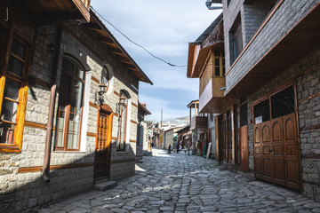 Main central street of Lagich - a town in the Ismailly region, Azerbaijan. Lagich is a notable place in Azerbaijan, with its authentic handicrafts traditions