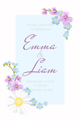 Wedding invitation template. Blue frame decorated with daisy camomile forget-me-not viola flowers in pastel colors on white background. Text placeholder. Vertical portrait layout. Vector illustration.