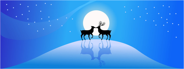 Fototapeta premium Vector illustration silhouette image of two lover reindeer kissing under full moon in the panorama night of Christmas winter background.
