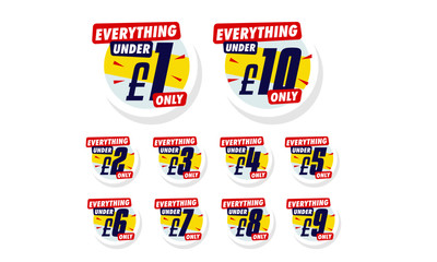 Everything under price tag. Vector illustration badges of uk pound price tag. Round flat design labels, Business shopping concept. 