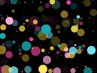 Memphis round confetti festive background in cyan blue, pink and yellow. Childish pattern vector.