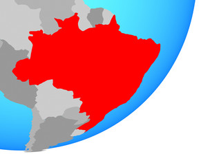 Brazil on blue political globe.