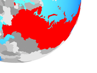 Russia on blue political globe.