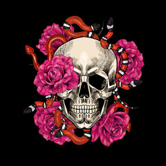 Skulls with snakes and roses. Hand drawn. Vintage style
