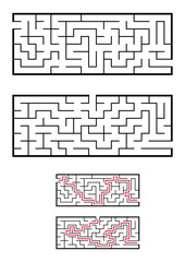 A set of two rectangular mazes. Game for kids. Puzzle for children. One entrances, one exit. Labyrinth conundrum. Simple flat vector illustration isolated on white background. With answer.