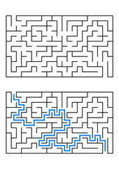 Abstract rectangular maze. Game for kids. Puzzle for children. One entrances, one exit. Labyrinth conundrum. Simple flat vector illustration isolated on white background. With answer.