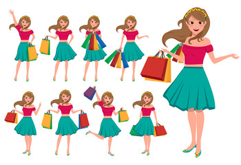 Shopping girl vector character set. Female shopper holding shopping bags with fashion clothes in different pose and gestures isolated in white. Vector illustration.
