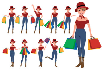 Shopping woman vector characters set. Girl store customer cartoon character holding shopping bags with different pose and hand gestures. Vector illustration.
