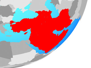Western Asia on blue political globe.