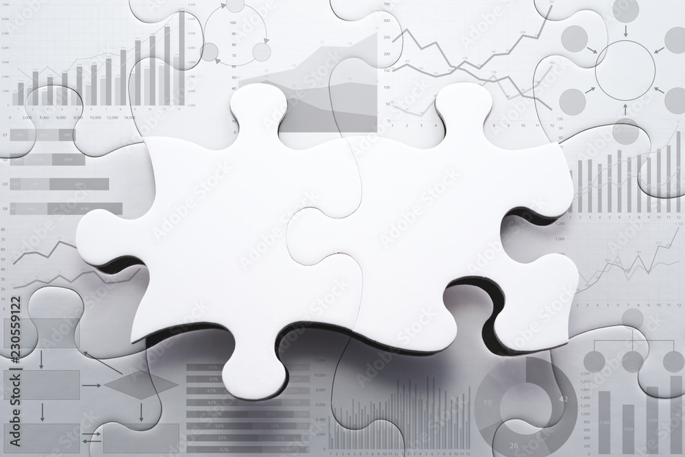 Aufkleber Planning strategy and analyzing marketing data for finding business solution.Assembling charts and graphs jigsaw puzzle. Puzzles pieces frame.