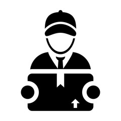 Delivery icon vector male worker logistics service person profile avatar with cargo package box for courier in Glyph Pictogram Symbol illustration