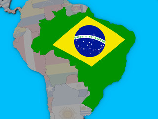 Brazil with embedded national flag on blue political 3D globe.