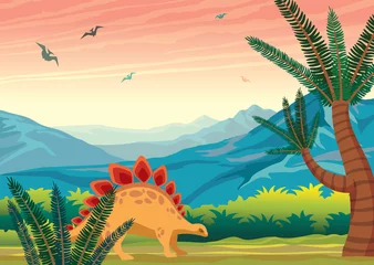 Foto op Plexiglas Kinderkamer Prehistorisch landschap met dinosaurussen, bergen en planten.